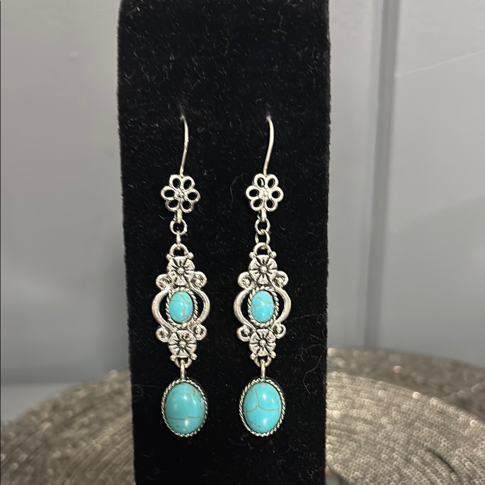 Silver Floral Turquoise Dangle Earrings